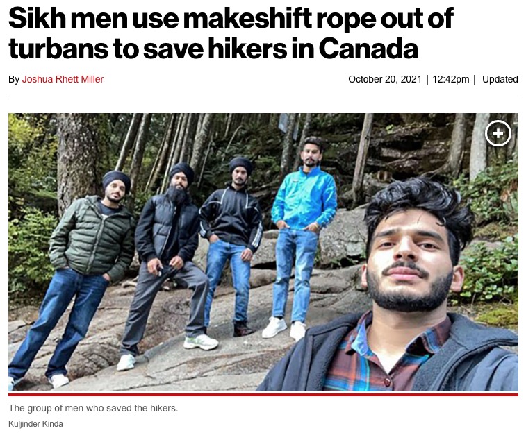 ハイカーを救出したシーク教徒の男性たち（画像は『New York Post　2021年10月20日付「Sikh men use makeshift rope out of turbans to save hikers in Canada」（Kuljinder Kinda）』のスクリーンショット）