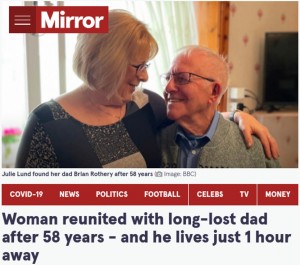 Facebookのおかげで再会を果たしたジュリーさんとブライアンさん（画像は『The Mirror　2021年10月25日付「Woman reunited with long-lost dad after 58 years - and he lives just 1 hour away」（Image: BBC）』のスクリーンショット）