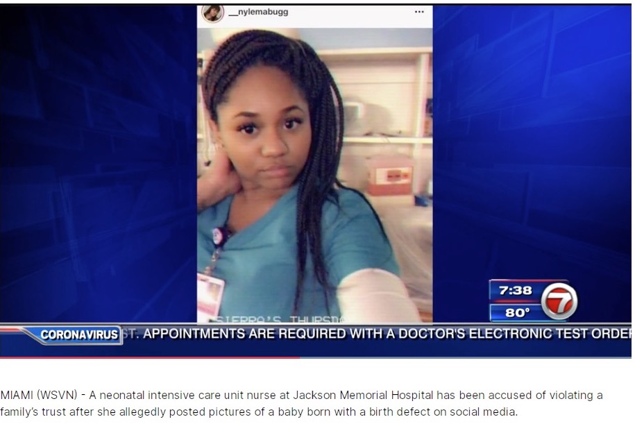 患者のプライバシー侵害で解雇された看護師（画像は『WSVN 7News　2021年9月9日付「NICU nurse at JMH accused of posting pictures of newborn with birth defect on Instagram」』のスクリーンショット）