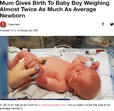 新生児治療室に8日間入院したフィンリー君（画像は『LADbible　2021年10月16日付「Mum Gives Birth To Baby Boy Weighing Almost Twice As Much As Average Newborn」（Credit: Fox 10）』のスクリーンショット）