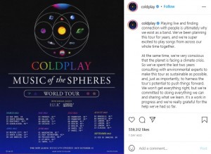 2022年に開催するワールドツアー『Music Of The Spheres』（画像は『Coldplay　2021年10月14日付Instagram「Playing live and finding connection with people is ultimately why we exist as a band.」』のスクリーンショット）
