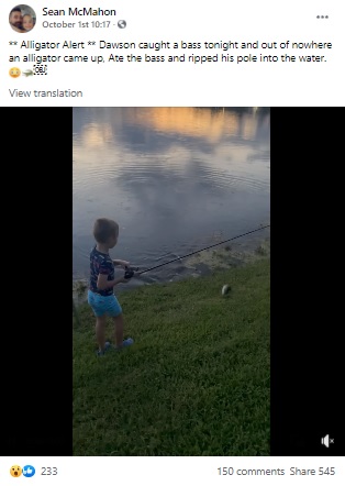 魚を釣り上げたドーソン君（画像は『Sean McMahon　2021年10月1日付Facebook「Alligator Alert」』のスクリーンショット）