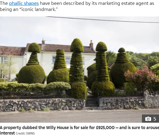 庭木の形から“ウィリー（男性器）ハウス”と呼ばれる家（画像は『The Sun　2021年10月17日付「PRIVATE PROPERTY Property dubbed ‘Willy House’ is on sale for ￡925,000 despite PENIS-shaped trees」（Credit: SWNS）』のスクリーンショット）