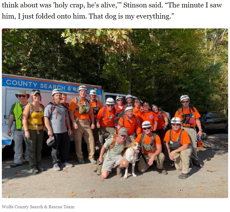 多くの人が救助に参加し、ほぼ無傷の状態で発見されたタイソン（画像は『LEX18　2021年10月26日付「‘My hiking buddy’: Dog’s rescue in the Red River Gorge considered a ‘miracle’」（Wolfe County Search ＆ Rescue Team）』のスクリーンショット）