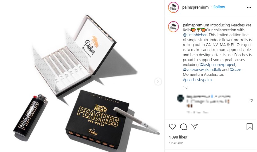 ジャスティン・ビーバーの名前が入った「ピーチズ」のパッケージ（画像は『Palms　2021年10月4日付Instagram「Introducing Peaches Pre-Rolls」』のスクリーンショット）
