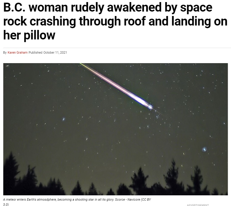就寝中に隕石が枕元に落下！（画像は『Digital Journal　2021年10月11日付「B.C. woman rudely awakened by space rock crashing through roof and landing on her pillow」（CC BY 3.0）』のスクリーンショット）