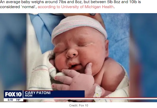 6378gのビッグな赤ちゃん誕生（画像は『LADbible　2021年10月16日付「Mum Gives Birth To Baby Boy Weighing Almost Twice As Much As Average Newborn」（Credit: Fox 10）』のスクリーンショット