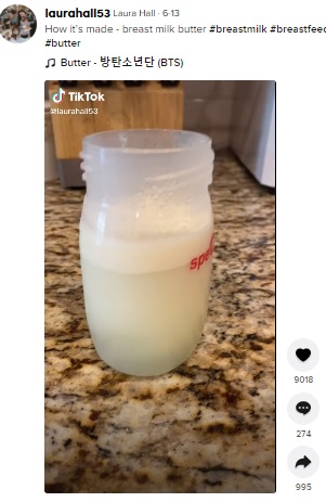 脂肪分が分離した母乳（画像は『Laura Hall　2021年6月13日付TikTok「How it’s made - breast milk butter」』のスクリーンショット）