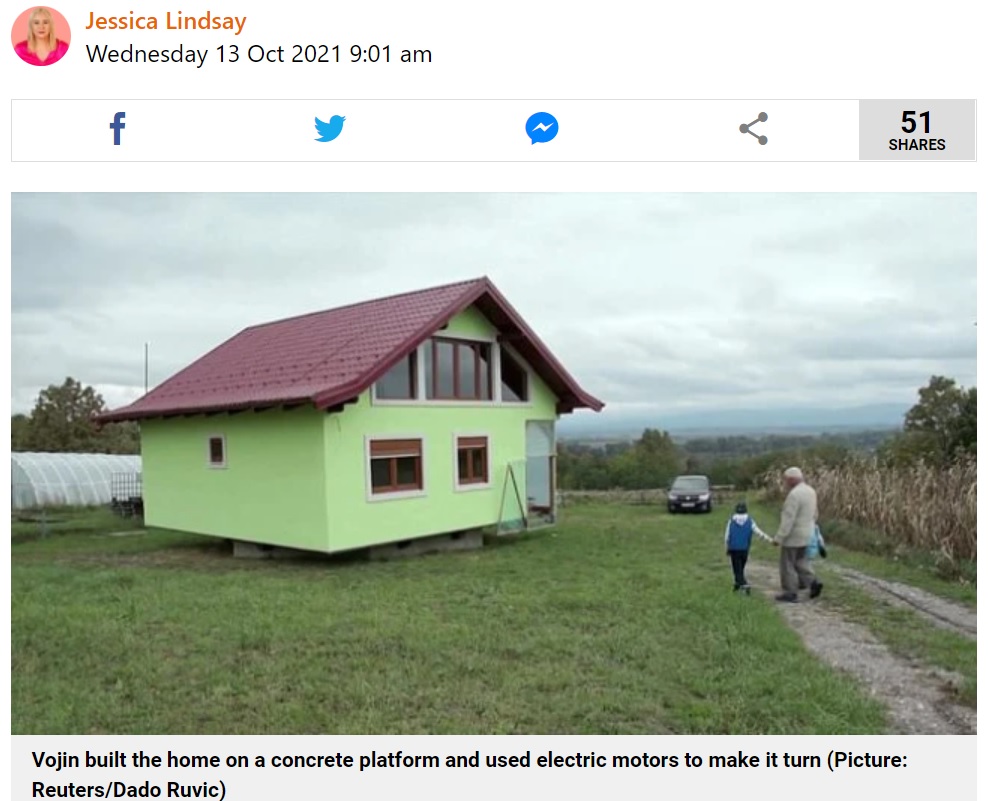 ボージンさんが独学で建てた家（画像は『Metro　2021年10月13日付「Man grants wife’s wish to choose her view, building incredible 360-degree rotating house」（Picture: Reuters/Dado Ruvic）』のスクリーンショット）