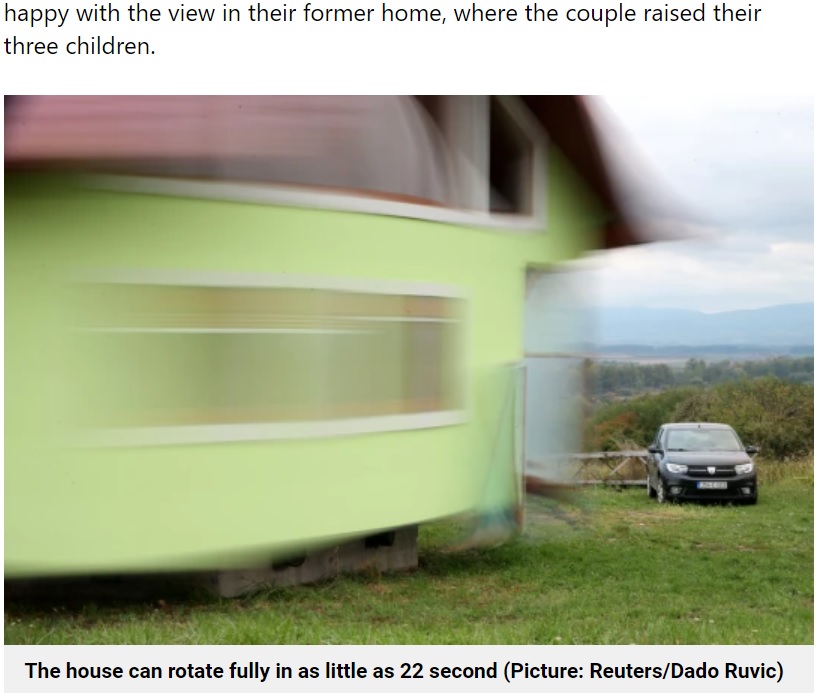 最速ではなんと22秒で1回転！（画像は『Metro　2021年10月13日付「Man grants wife’s wish to choose her view, building incredible 360-degree rotating house」（Picture: Reuters/Dado Ruvic）』のスクリーンショット）
