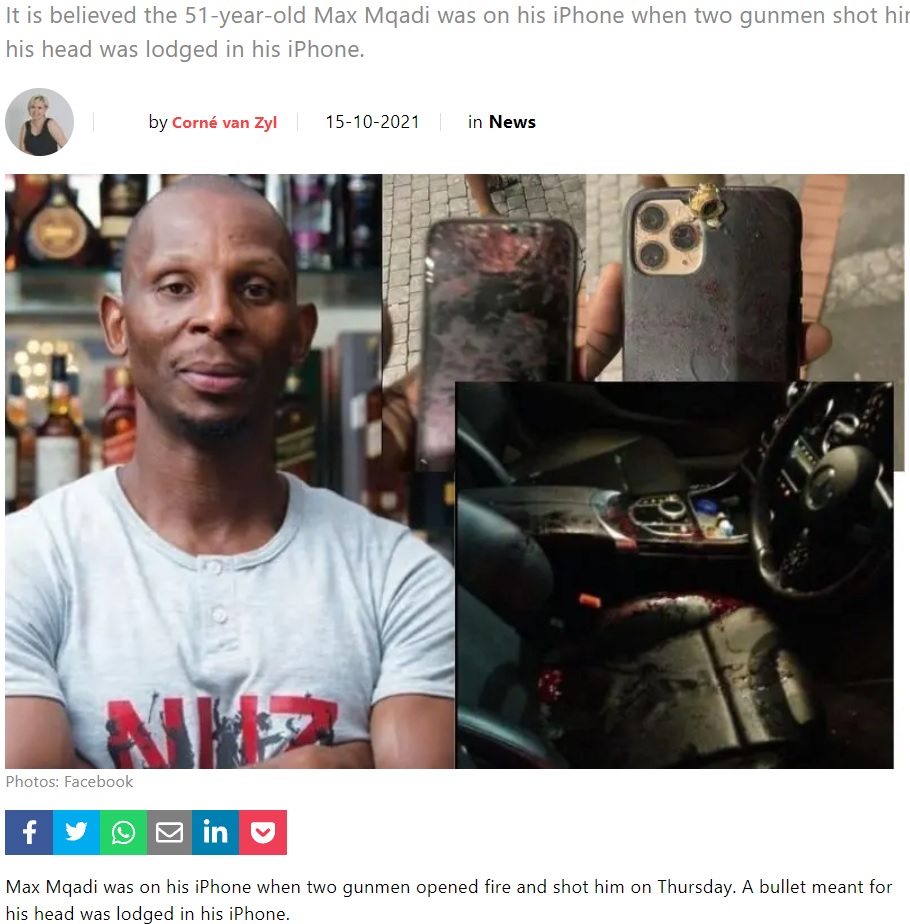 命を狙われた男性とその命を救ったiPhone（画像は『The South African　2021年10月15日付「iPhone saved Max Mqadi’s life - it took a bullet meant for his head ［Update］」（Photos: Facebook）』のスクリーンショット）