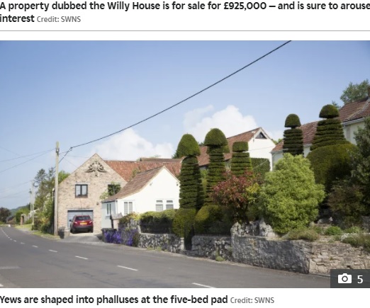 地元では長年ランドマークとして知られている（画像は『The Sun　2021年10月17日付「PRIVATE PROPERTY Property dubbed ‘Willy House’ is on sale for ￡925,000 despite PENIS-shaped trees」（Credit: SWNS）』のスクリーンショット）
