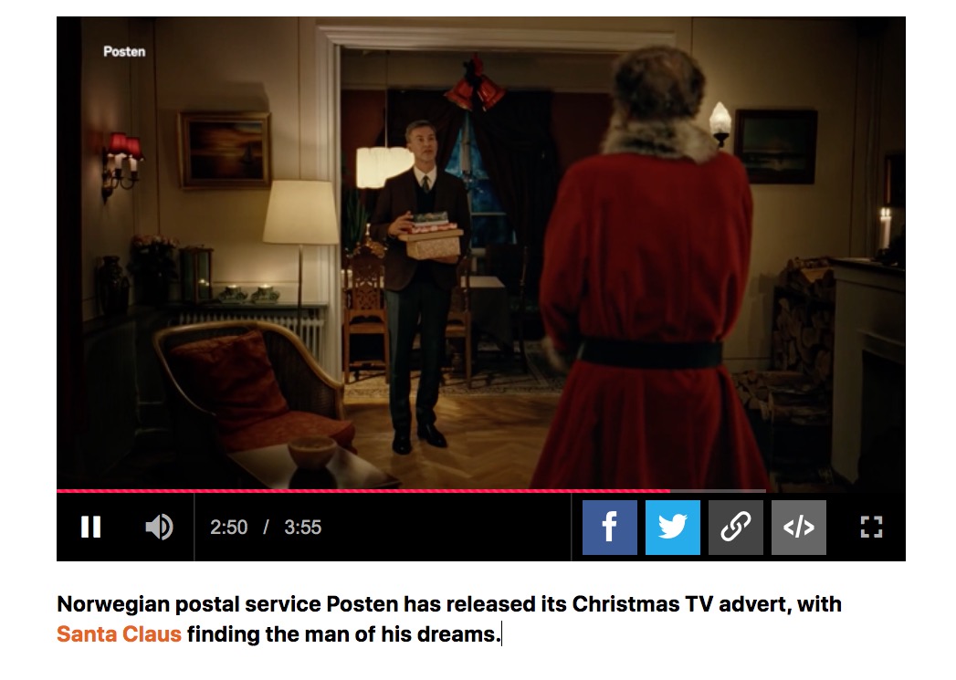 サンタクロースは2人の時間を作るため、仕事を郵便局に任せたという（画像は『Metro　2021年11月24日付「Santa Claus bags himself a boyfriend in the most sensational Christmas TV advert of the year - prepare to weep」（Picture: Posten）』のスクリーンショット）