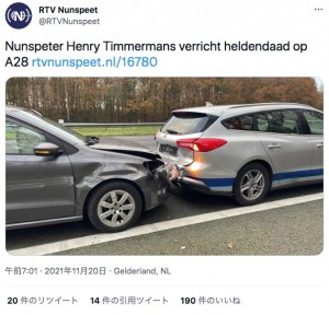 【海外発！Breaking News】運転手が気を失ったまま走行　自らの車を犠牲にして暴走車を止めた男性（オランダ）＜動画あり＞