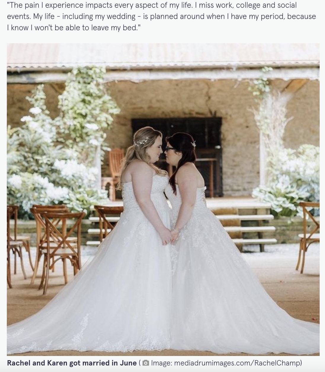 6月に結婚した女性同士のカップル（画像は『The Mirror　2021年11月17日付「Married lesbian denied hysterectomy ‘in case future male partner wants children’」（Image: mediadrumimages.com/RachelChamp）』のスクリーンショット）