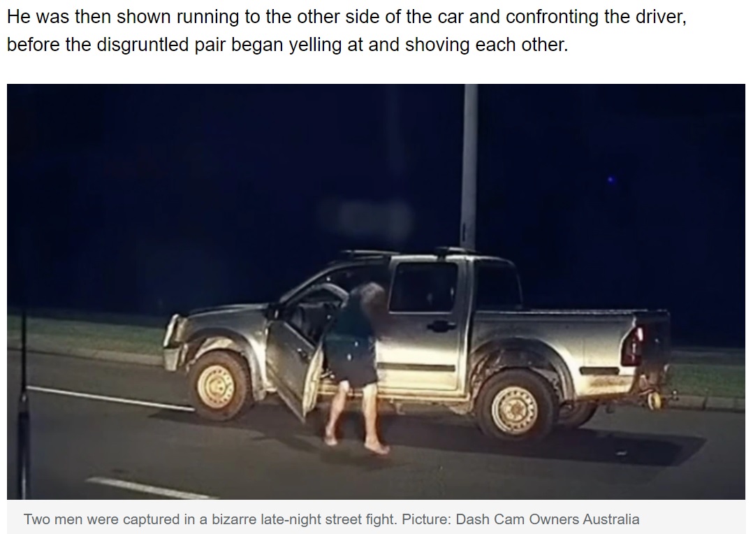 交通量の少ない道路で突然停車した謎の車（画像は『news.com.au　2021年11月15日付「Bizarre late-night street fight captured on dashcam」（Picture: Dash Cam Owners Australia）』のスクリーンショット）