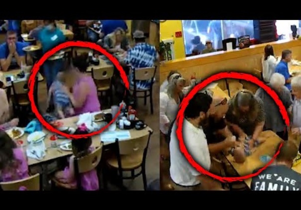 監視カメラが捉えたレストランの様子（画像は『Inside Edition　2021年11月10日公開 YouTube「Choking Baby Saved by Stranger’s Lifevac Device」』のサムネイル）