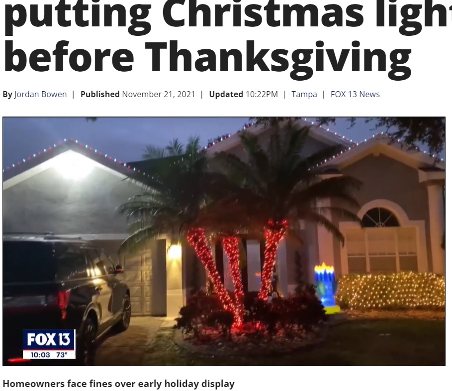 設置業者の予約が埋まってしまう前に早めに飾り付けた一家（画像は『FOX 13 Tampa Bay　2021年11月21日付「‘A little too extreme’: Tampa family could face fines for putting Christmas lights up before Thanksgiving」』のスクリーンショット）