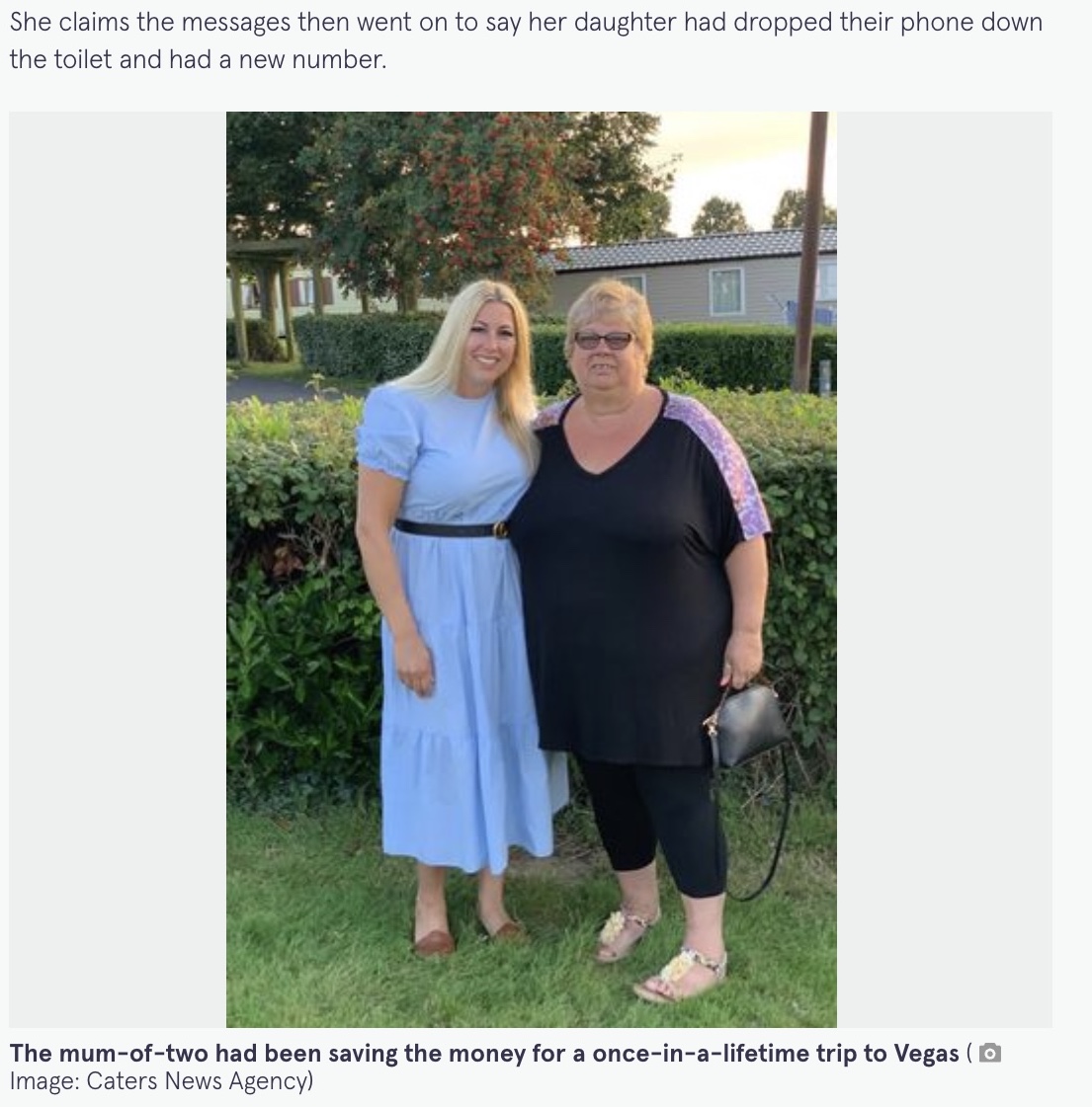 娘からのメッセージと信じてしまった母親（左）（画像は『The Mirror　2021年11月19日付「Gran loses ￡6,500 after ‘fraudster pretends to be her daughter in WhatsApp messages’」（Image: Caters News Agency）』のスクリーンショット）