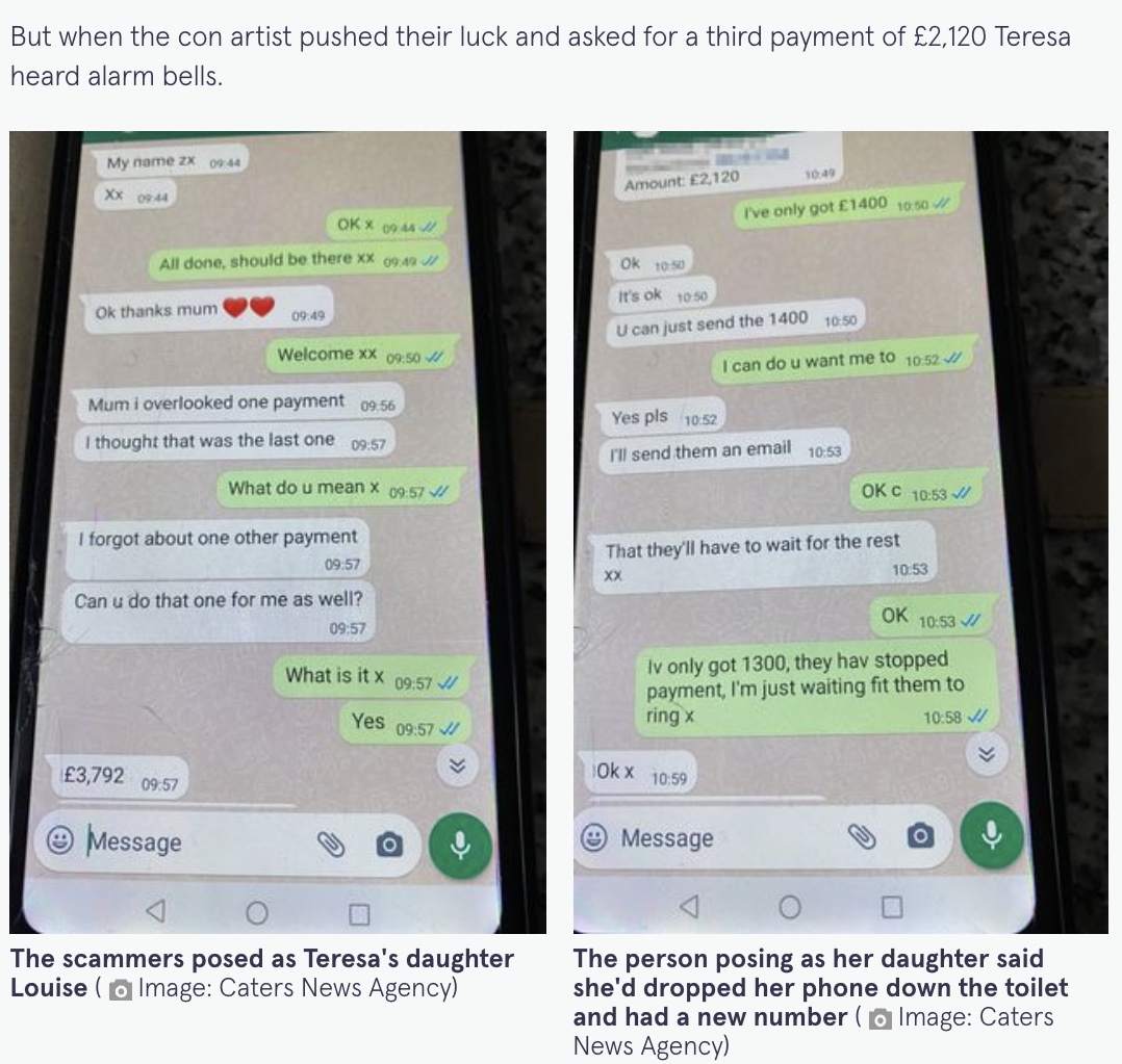 突然送られてきたWhatsAppのメッセージ（画像は『The Mirror　2021年11月19日付「Gran loses ￡6,500 after ‘fraudster pretends to be her daughter in WhatsApp messages’」（Image: Caters News Agency）』のスクリーンショット）