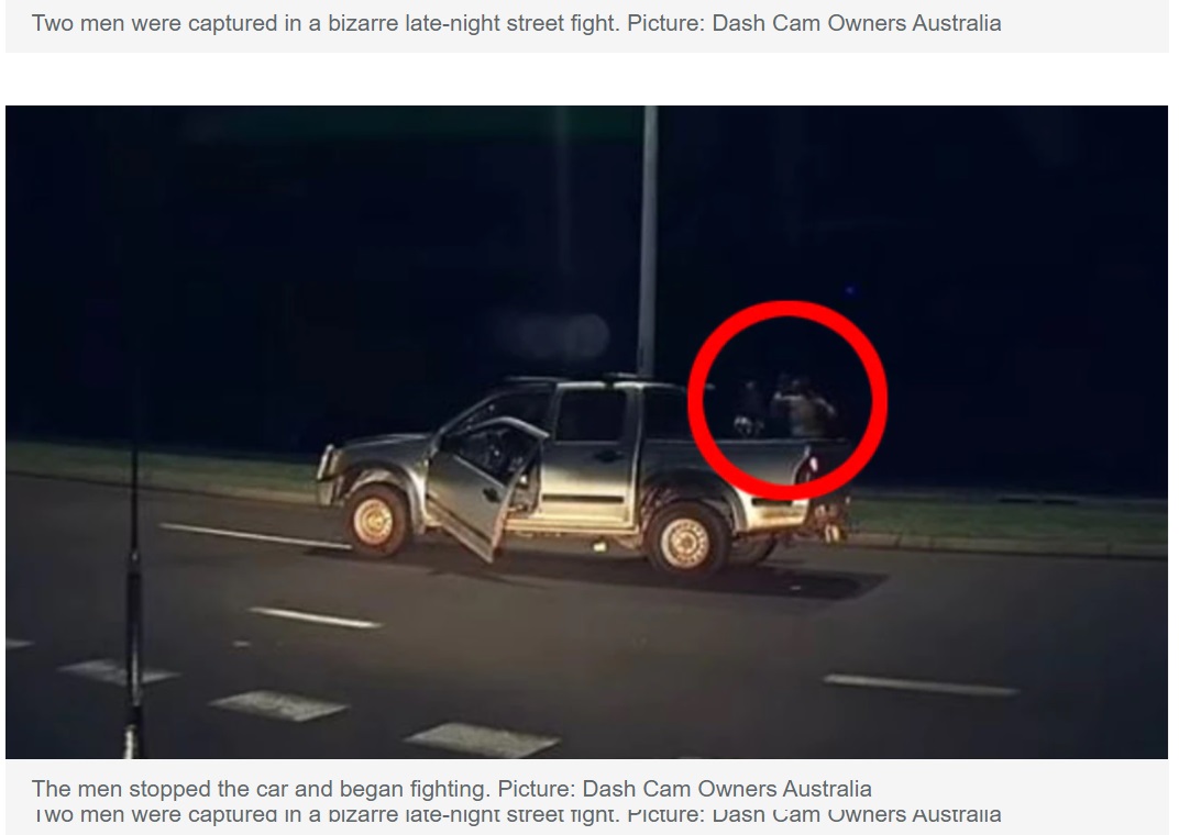 裸足で降りて言い争いを始めた2人の男（画像は『news.com.au　2021年11月15日付「Bizarre late-night street fight captured on dashcam」（Picture: Dash Cam Owners Australia）』のスクリーンショット）