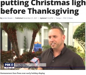 罰金通知を受けるも納得がいかないマイケルさん（画像は『FOX 13 Tampa Bay　2021年11月21日付「‘A little too extreme’: Tampa family could face fines for putting Christmas lights up before Thanksgiving」』のスクリーンショット）