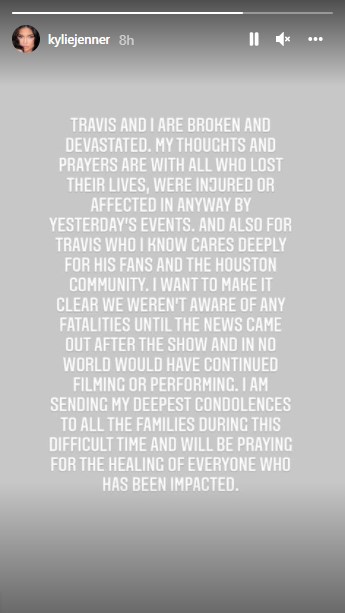 「トラヴィスと私は悲しみに暮れている」とカイリー（画像は『Kylie　2021年11月6日付Instagram』のスクリーンショット）
