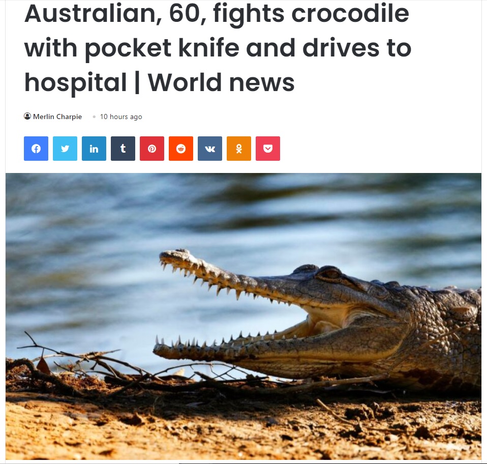 ワニに足を噛みつかれながらも、男性は必死に応戦（画像は『What’s Now　2021年11月11日付「Australian, 60, fights crocodile with pocket knife and drives to hospital | World news」』のスクリーンショット）
