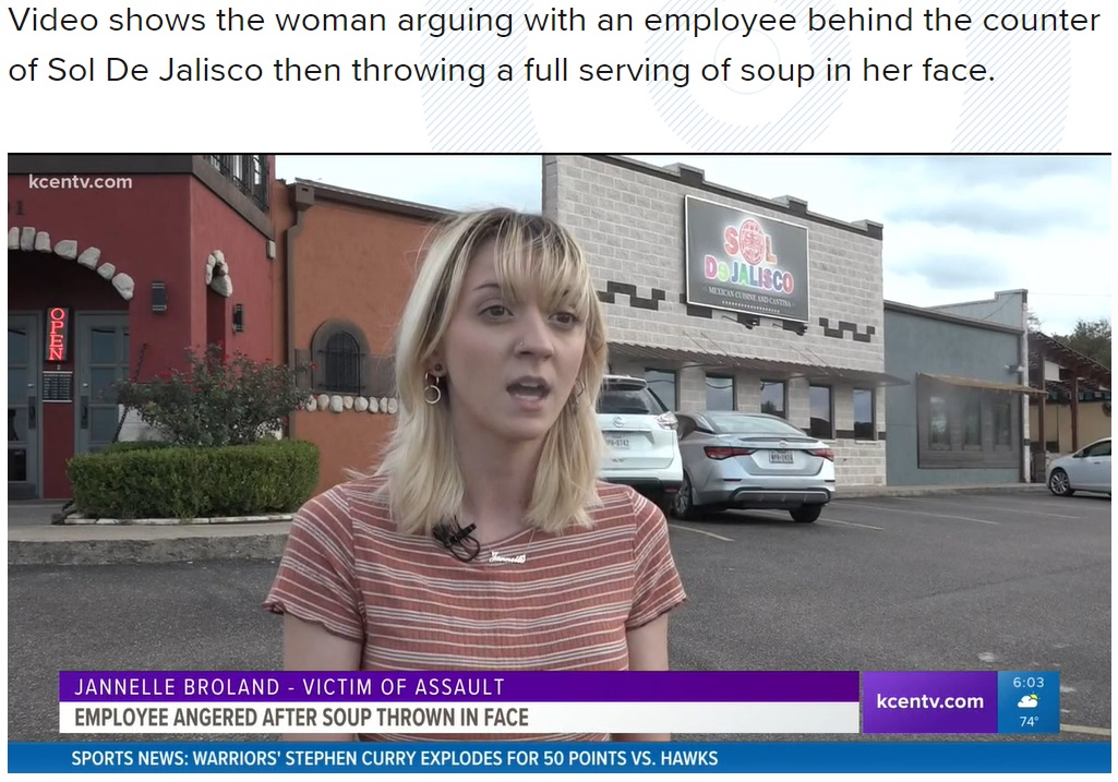 目や喉に軽度の火傷を負ってしまったジャネルさん（画像は『kcentv.com　2021年11月11日付「VIDEO: Woman who threw soup in face of Temple restaurant employee facing criminal charges, police say」』のスクリーンショット）
