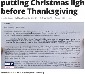 自治会からの手紙には、最大で1000ドル（約11万円）の罰金を科す旨が（画像は『FOX 13 Tampa Bay　2021年11月21日付「‘A little too extreme’: Tampa family could face fines for putting Christmas lights up before Thanksgiving」』のスクリーンショット）