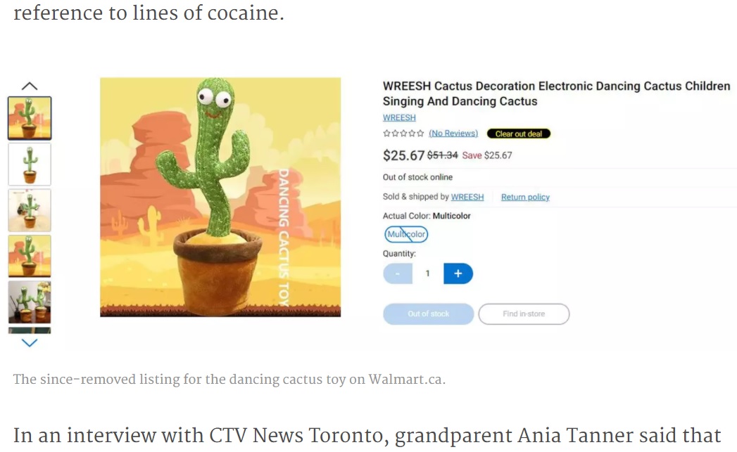 ウォルマート・カナダはこのおもちゃを販売中止に（画像は『blogTO　2021年11月25日付「Dancing cactus toy from Walmart pulled after teaching kids about cocaine in Polish」』のスクリーンショット）