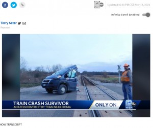 【海外発！Breaking News】走行中の電車と接触し車体が真っ二つに　乗車していたAmazonドライバーは奇跡的に無事（米）