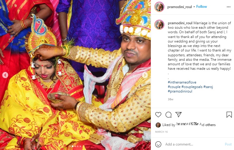 結婚式の日のラニさんとサロージさん（画像は『pramodini_roul　2021年3月16日付Instagram「Marriage is the union of two souls」』のスクリーンショット）