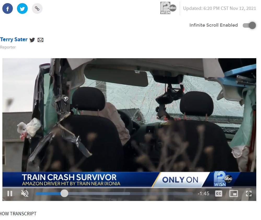 運転席は無事だったもののフロントガラスには大きなヒビが（画像は『WISN　2021年11月12日付「Amazon delivery driver struck by train can’t believe he survived」』のスクリーンショット）