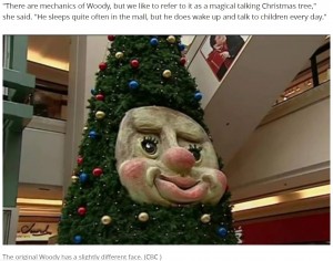 以前の顔と比べると、かなりリフレッシュした印象のウッディ（画像は『CBC.ca　2021年11月25日付「Woody the talking Christmas tree returns to N.S. mall after 15-year hiatus」（CBC）』のスクリーンショット）