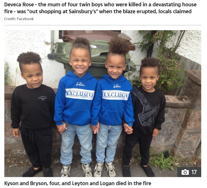 クリスマス直前に亡くなってしまった4人（画像は『The Sun　2021年12月17日付「XMAS TRAGEDY Sutton fire: Mum was ‘shopping at Sainsbury’s’ as house fire killed four twins, 3 and 4, who were left home alone」』のスクリーンショット）