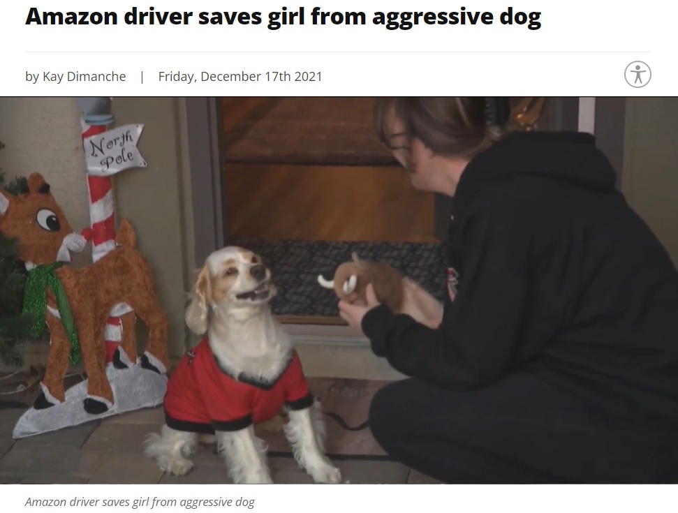 ステファニーさんの迅速な対応で、ローレンさんや愛犬もケガは無かった（画像は『KSNV　2021年12月17日付「Amazon driver saves girl from aggressive dog」』のスクリーンショット）