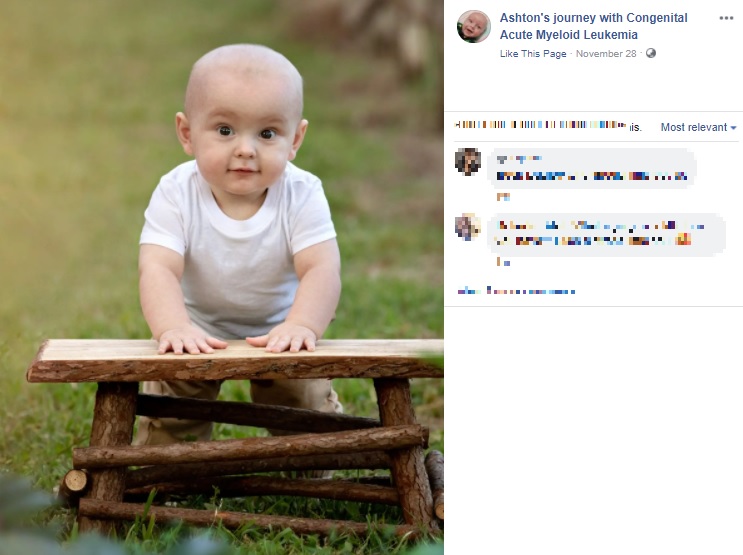 先天性急性骨髄性白血病で生まれ、1歳になったアシュトン君（画像は『Ashton’s journey with Congenital Acute Myeloid Leukemia　2021年11月28日付Facebook「The difference that 12 months can make」』のスクリーンショット）