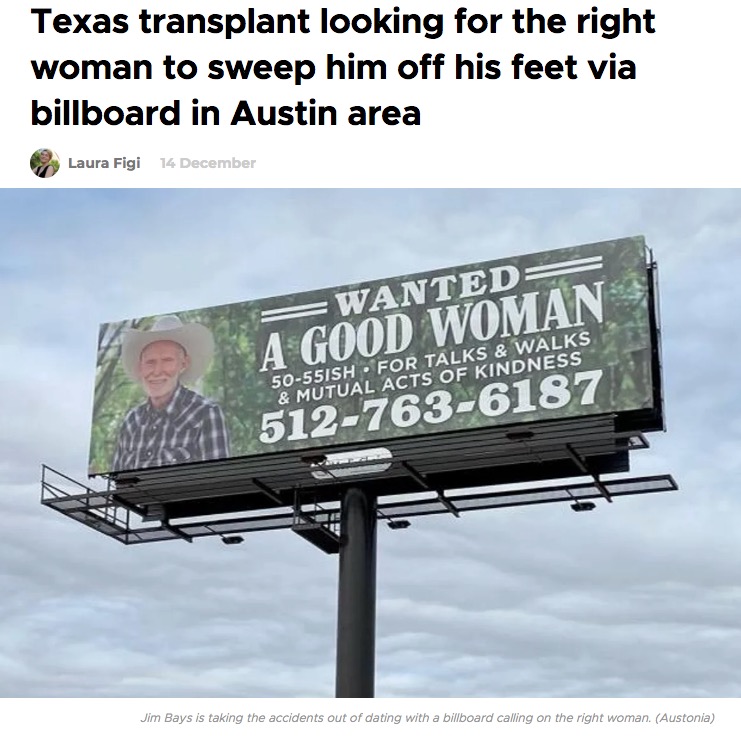 恋人を募集する巨大看板広告（画像は『Austonia　2021年12月14日付「Texas transplant looking for the right woman to sweep him off his feet via billboard in Austin area」（Austonia）』のスクリーンショット）