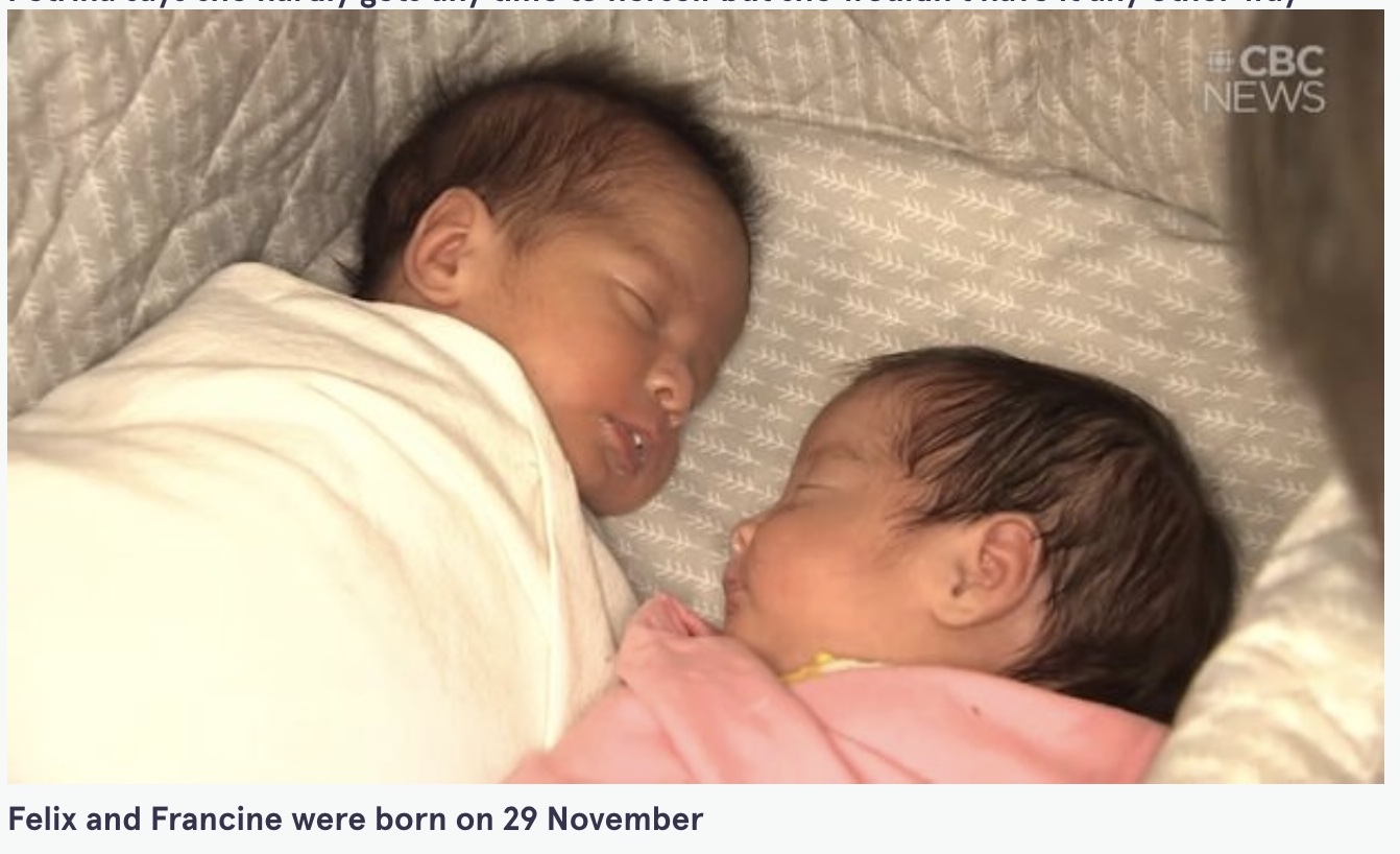 先月に誕生したフェリックスちゃんとフランシーヌちゃん（画像は『The Mirror　2021年12月28日付「‘I’ve had three set of twins in four years without IVF - my house is chaos’」』のスクリーンショット）