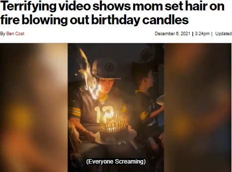 炎が上がる髪（画像は『New York Post　2021年12月6日付「Terrifying video shows mom set hair on fire blowing out birthday candles」（Kennedy News and Media）』のスクリーンショット）
