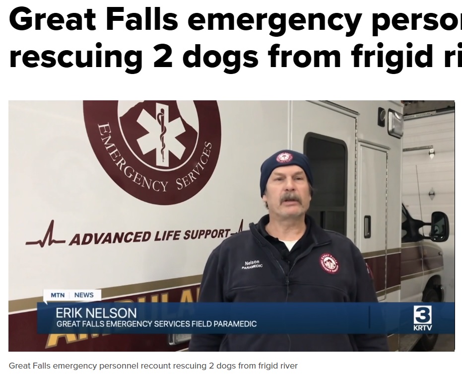 体を張って犬を救助したエリック・ネルソンさん（画像は『KRTV　2021年12月28日付「Great Falls emergency personnel recount rescuing 2 dogs from frigid river」』のスクリーンショット）