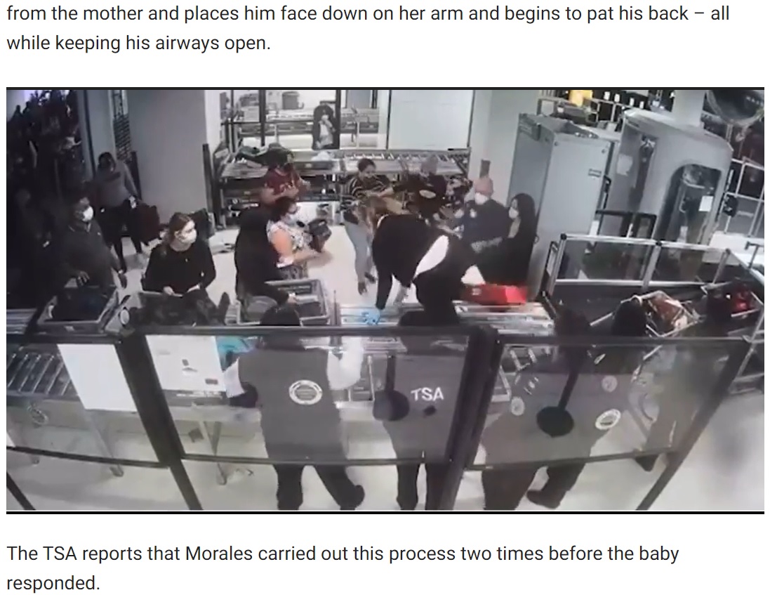 ベルトコンベアを乗り越えて乳児のもとに駆けつけたセシリアさん（画像は『Fox News　2021年12月24日付「TSA officer saves baby from choking: ‘Mind-blowing to watch’」』のスクリーンショット）