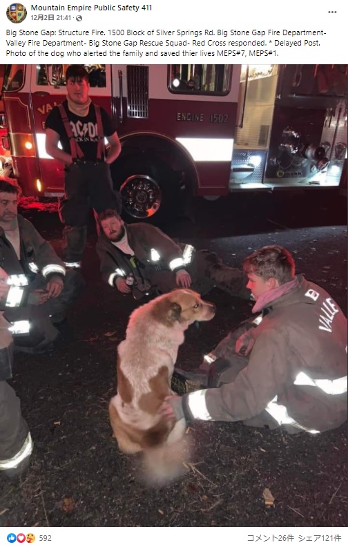 家族を救った犬を囲む消防隊員（画像は『Mountain Empire Public Safety 411　2021年12月2日付Facebook「Big Stone Gap: Structure Fire.」』のスクリーンショット）