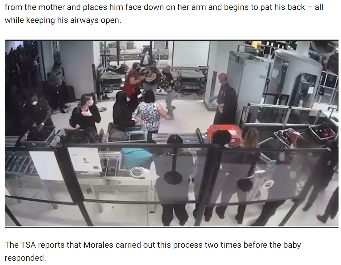 我が子が息をしていないことに気付きパニックになった母親（画像は『Fox News　2021年12月24日付「TSA officer saves baby from choking: ‘Mind-blowing to watch’」』のスクリーンショット）