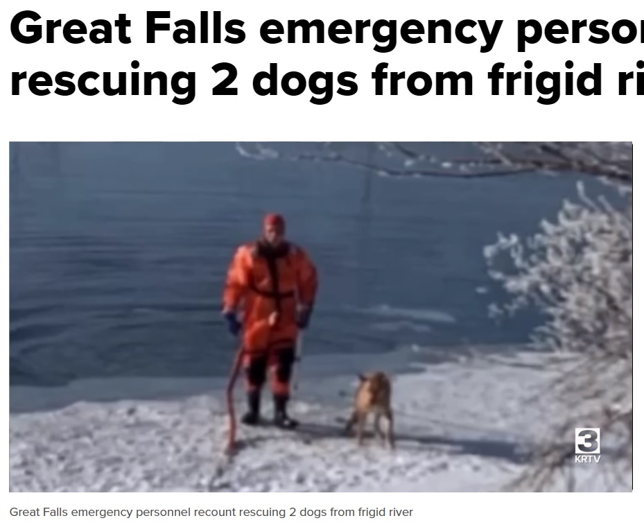 専用の防護服を着て犬の救助を行った消防隊員（画像は『KRTV　2021年12月28日付「Great Falls emergency personnel recount rescuing 2 dogs from frigid river」』のスクリーンショット）