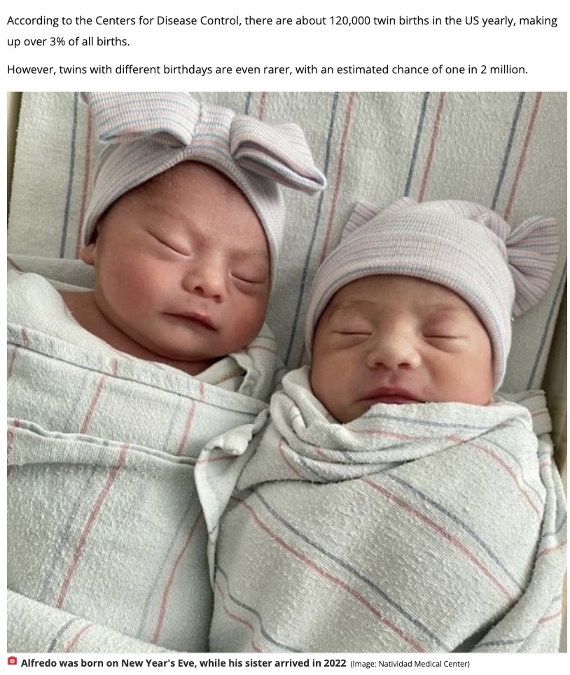 15分差で年をまたいで誕生した双子の赤ちゃん（画像は『The Daily Star　2022年1月3日付「Twins born around midnight on NYD have different birthdays in separate years」（Image: Natividad Medical Center）』のスクリーンショット）