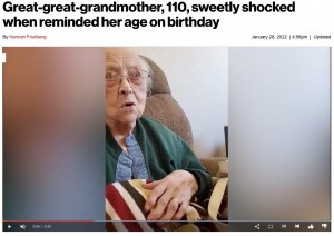 110歳の誕生日を迎えたルースさん（画像は『New York Post　2022年1月28日付「Great-great-grandmother, 110, sweetly shocked when reminded her age on birthday」（SWNS）』のスクリーンショット）