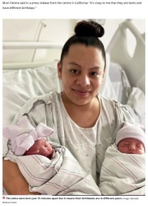 誕生日も生まれた年も違う双子の赤ちゃんと母親のファティマさん（画像は『The Daily Star　2022年1月2日付「Twins born around midnight on NYD have different birthdays in separate years」（Image: Natividad Medical Center）』のスクリーンショット）