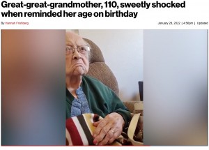 110歳の年齢を受け入れようとしないルースさん（画像は『New York Post　2022年1月28日付「Great-great-grandmother, 110, sweetly shocked when reminded her age on birthday」（SWNS）』のスクリーンショット）